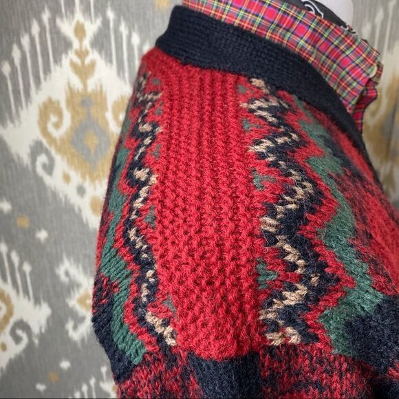 Polo Ralph Lauren Vintage Hand Knit Red & Black Multi Wool V-Neck L/S Sweater - Picture 8 of 16